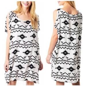 BB Dakota Melody Aztec Shift Mini Dress Slit Shoulder Off White Size XS